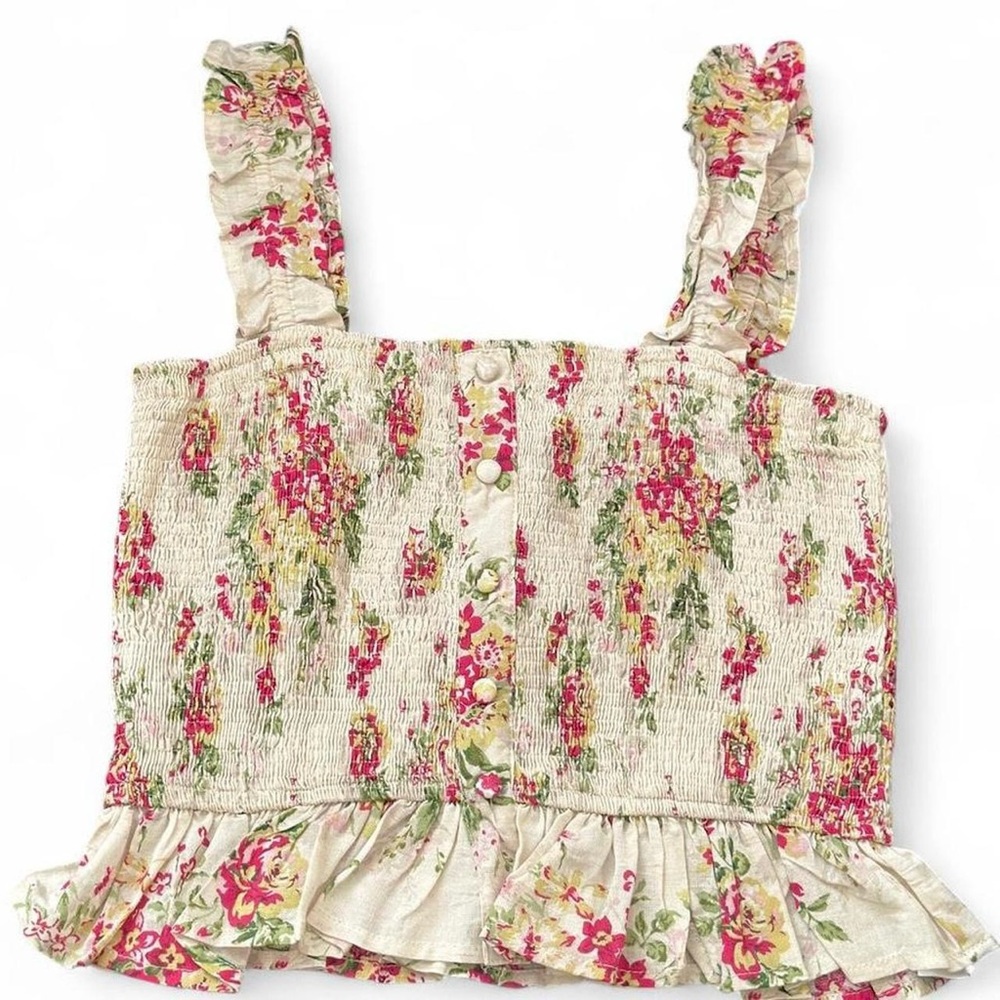 Lulus Blooming Views Beige Floral Print Ruffled Smocked Tank Top Size Medium